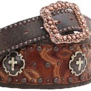 Rare Double J Saddlery H Western Leather Belt with studs and metal cross shields